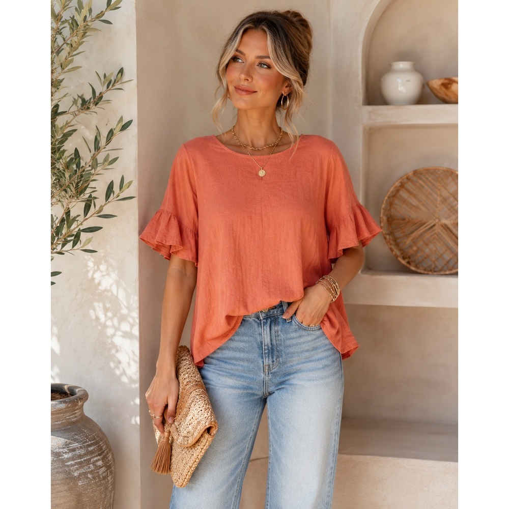 Cynthia Rowley Women's Size 1X Coral Linen Blend Ruffle Sleeve Boho Blouse
